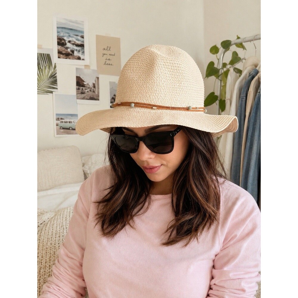 Sunday Afternoons Wanderlust Fedora Cream Wide Brim Sun Hat Adjustable S/M Beach